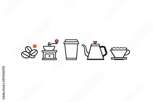 Minimalist vector illustration of five coffee equipment icons