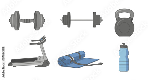 Gym equipment collection dumbbells treadmill kettlebell yoga mat and water bottle