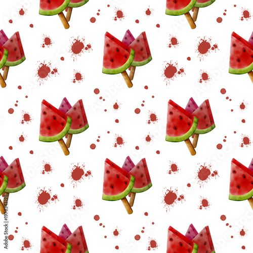 Watermelon ice cream seamless pattern with watercolor fruit slices on white background