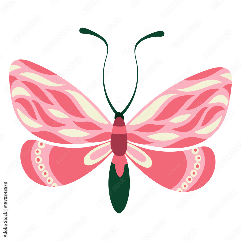 Fototapeta premium Ornamental pink butterfly with elegant curved wings and decorative patterns. Flat vector illustration with soft texture for romantic designs, textile prints, packaging, greeting cards and branding