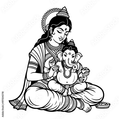Hindu Goddess Parvati with Baby Ganesha Illustration, Traditional Indian Deity Mother and Son Spiritual Art