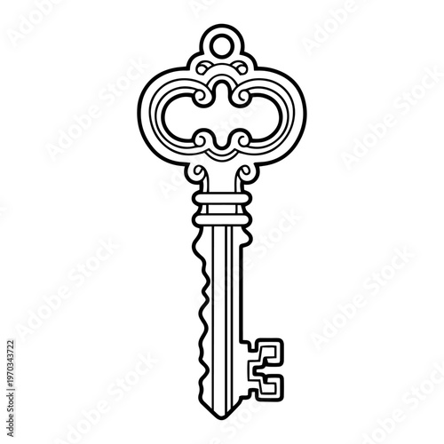 Ornate Vintage Key Vector Illustration, Decorative Antique Skeleton Key for Secret and Security Concepts