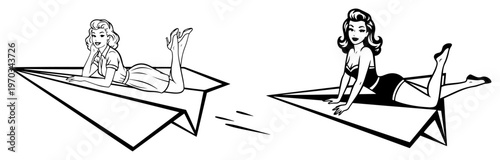 Vintage Pin-up Girls on Paper Airplanes Set, Retro Woman Flight and Travel Concept Vector Illustration