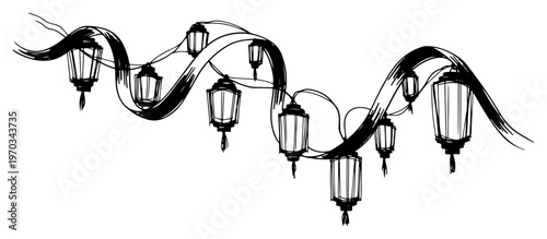 Hand Drawn Garden Lanterns String Lights Vector, Sketchy Hanging Lantern Lamps for Outdoor Party and Event Decoration