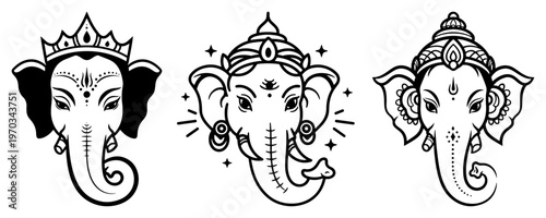Lord Ganesha Head Vector Set, Hindu Elephant God Illustrations for Spiritual and Yoga Designs