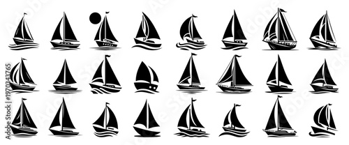 Sailboat and Yacht Silhouettes Set, Nautical Sailing Boat Icons for Ocean and Travel Design Concepts