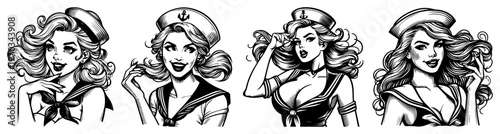 Beautiful Sailor Pin-up Girls Vector Set, Retro Nautical Style Women in Navy Uniform Illustrations