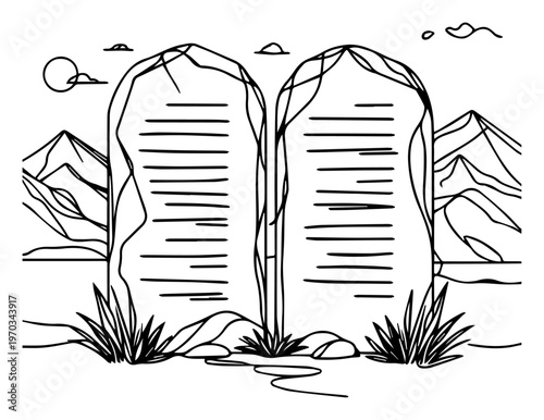 Ten Commandments Stone Tablets Vector Illustration, Biblical Law Tablets in Desert Landscape Line Art