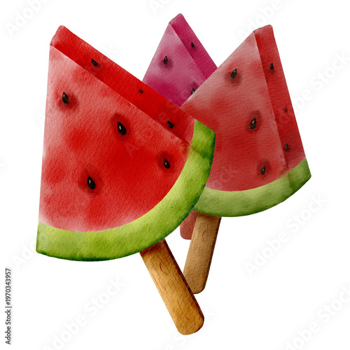 Watercolor watermelon slices on wooden sticks, summer fruit popsicle illustration. Hand drawn.