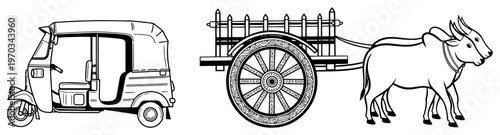 Traditional Indian Transportation Set featuring Auto Rickshaw Tuk Tuk and Bullock Cart Vector