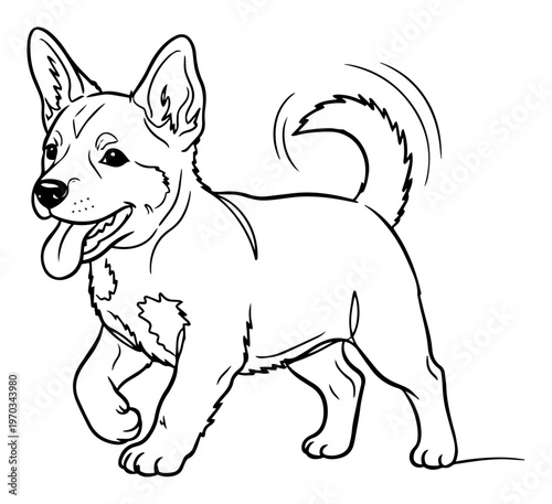 Happy Corgi Puppy Dog Vector Illustration, Cute Walking Welsh Corgi Pet Line Art for Coloring