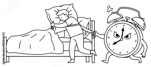 Funny Alarm Clock Pulling Man Out of Bed Illustration, Morning Wake Up Struggle and Time Pressure Concept