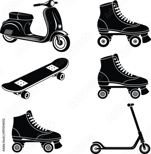 Black and white of various office supplies and tools stationery scissors stapler desi