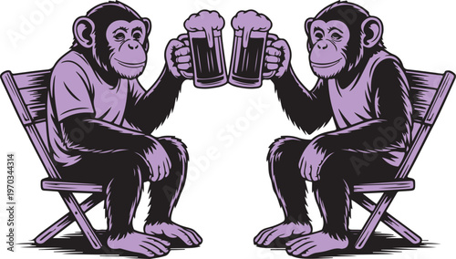 Two Cartoon Chimpanzees Enjoying a Beer Toast While Sitting Comfortably in Chairs