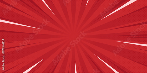 Fotografi Anime comic red background with radial speed lines and halftone dots effect