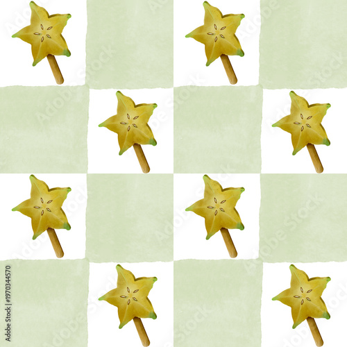 Watercolor seamless pattern with carambola, carambola slices on sticks. Watercolor fruits on white background