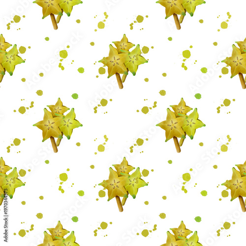 Watercolor seamless pattern with carambola, carambola slices on sticks. Watercolor fruits on white background
