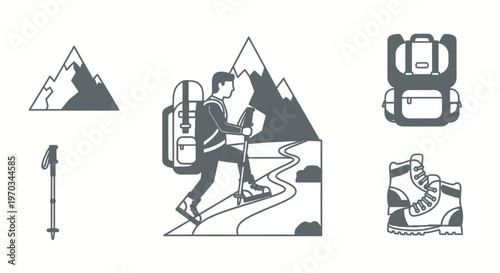 Hiker climbing mountain trail with backpack and equipment vector illustration