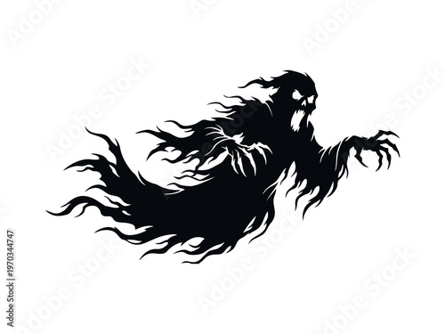 Spooky Flying Ghost Silhouette with Sharp Claws Isolated on White Background