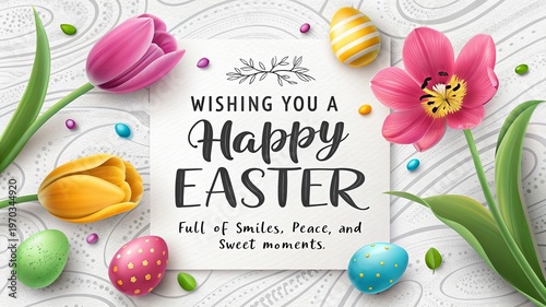 Colorful Easter greeting card with tulips eggs and festive typography design.

