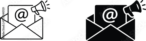 Email marketing promotion icon set two versions of an envelope with a megaphone