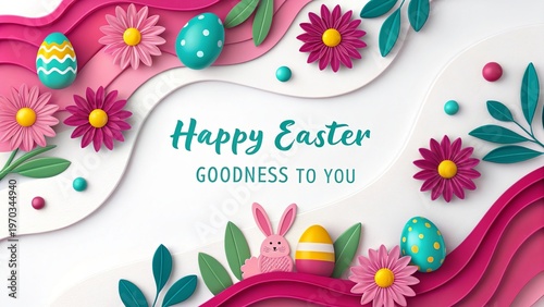 Playful spring composition featuring layered paper style and festive holiday message.
