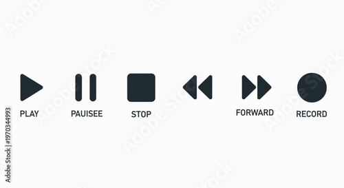 Media control icons set on white background for various applications