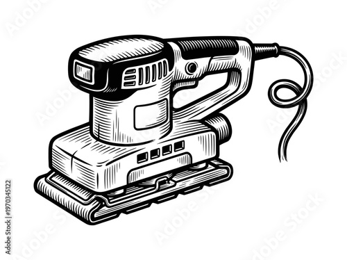 Vintage Handheld Metal Sander Power Tool Engraving Illustration Black and White Line Art