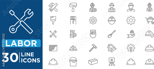 Labor icon set 30 line icons for workers tools and industrial professions