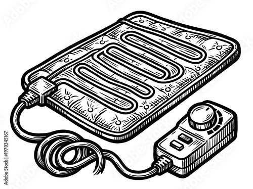 Vintage Electric Heating Pad Medical Health Engraving Illustration Black and White Line Art