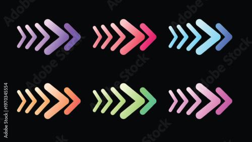 Set of glowing neon gradient arrow icons in multiple color variations. Clean chevron-style directional symbols with soft light effects, fully scalable and editable vector format. Ideal for UI/UX desig