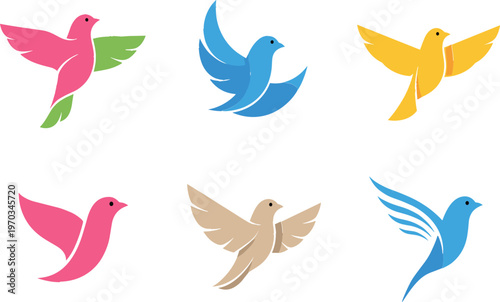 Vibrant and Playful Set of Colorful Bird Illustrations Featuring Pink, Blue, Yellow, and Green Birds in Simple, Minimal Style