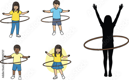 Foto Playful Set of Children Hula Hooping in Colorful Outfits with a Silhouette of a