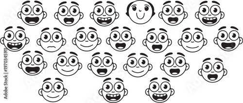 Collection of Diverse Cartoon Faces Showing Various Happy and Expressive Emotions