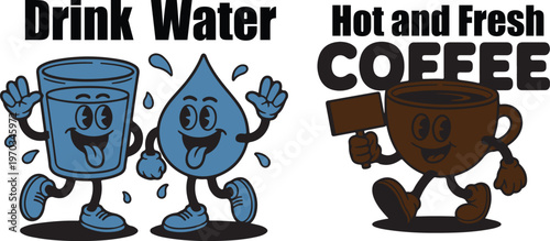 Energetic Water and Coffee Drink Mascot Characters