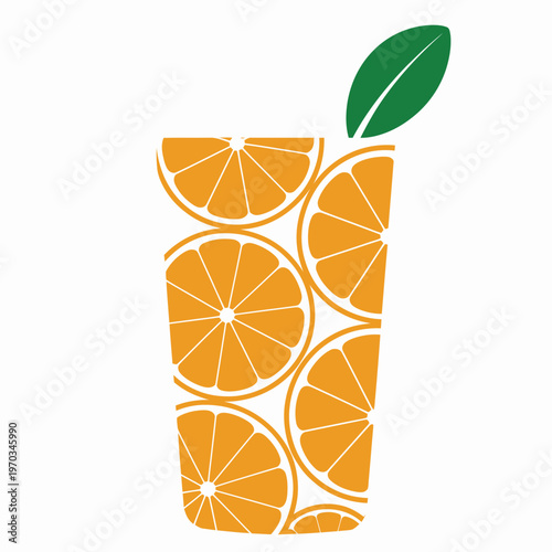 A minimalist design featuring a tall glass filled with circular orange slices  A single green leaf adds a touch of contrast.
