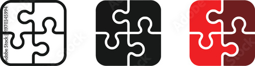 Puzzle pieces connection black white and red variations