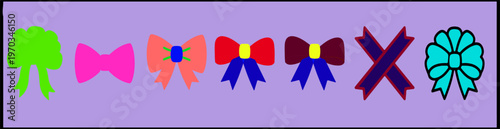 colourful bow tie and ribbon icon set collection with various decorative bows in different styles and colour  flat vector illustration on purple background
