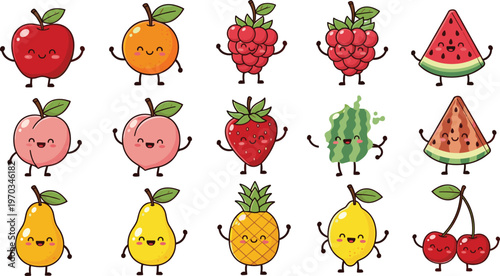 Cute fruit characters vector set. Collection of kawaii fruits with smiling faces and poses. Fun cartoon illustration for kids design, stickers, packaging and playful branding.