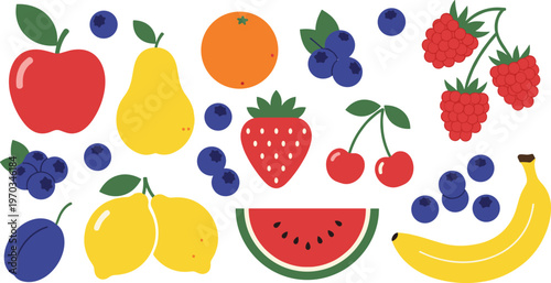 Mixed fruit vector set. Collection of apple, banana, berries, watermelon and citrus fruits. Bright flat illustration for food design, packaging and healthy lifestyle concepts.