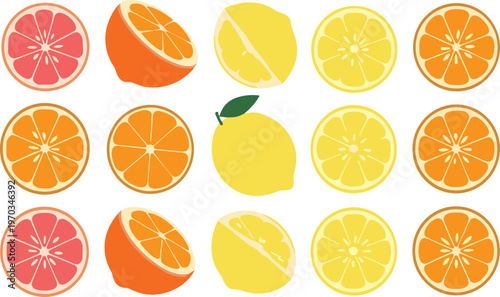Citrus fruit vector set. Collection of orange, lemon and grapefruit slices and whole fruits. Bright flat illustration for food design, packaging and fresh healthy concepts.