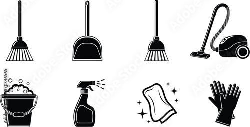 Cleaning Tools and Supplies Icons Set with Broom, Dustpan, Vacuum Cleaner, Spray Bottle, Gloves, and Cleaning Cloth for Household, Office, and Janitorial Use