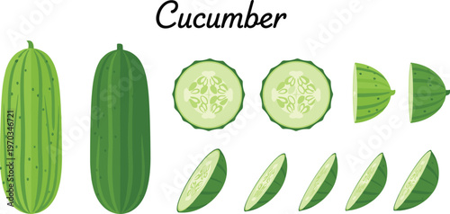 Cucumber slices and wedges flat vector set. Whole and cut green cucumbers collection with label. Fresh organic vegetable illustration for food and salad design.