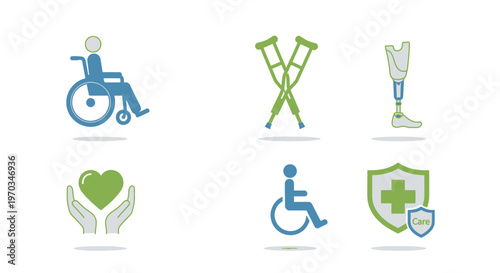 Medical icons wheelchair crutches prosthetic heart disability symbol
