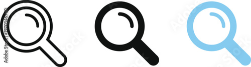 Magnifying glass icons line art solid and blue outline variations