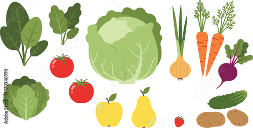 Fruits and vegetables flat vector set. Fresh organic produce with cabbage carrot tomato apple pear and greens. Healthy food illustrations for grocery, farm and nutrition design.