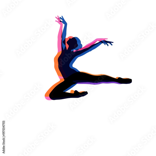 Dynamic silhouette of a ballet dancer in a graceful leap, artistic motion effect with colorful layered shadows