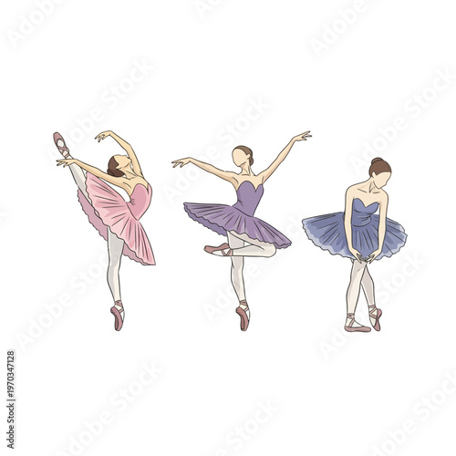 Set of three graceful ballerinas in different poses wearing colorful tutus