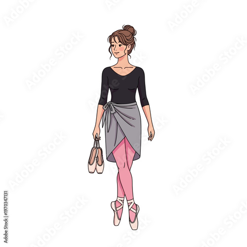 Illustration of a young ballerina holding pointe shoes