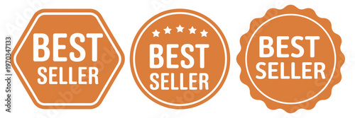 Yellow Best Seller Stickers Set, vector badges, vintage bestseller labels, online retail promotion, e-commerce graphics, marketing campaign design elements
